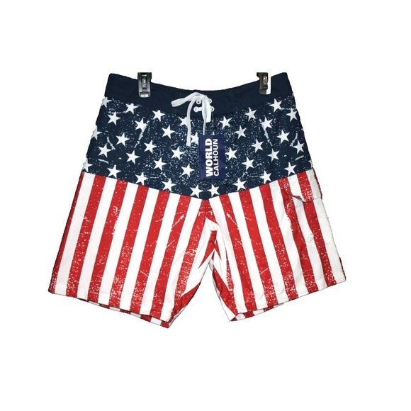World Calhoun Sportswear Mens Board Shorts Swim American Flag USA Sz Large L NEW - Picture 1 of 2
